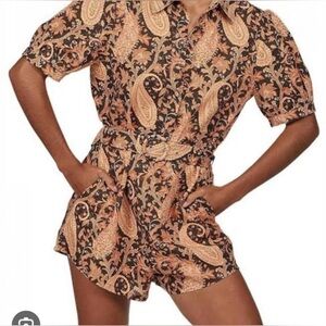Charlie Holiday Anthropologie Linen Paisley Short Sleeve Romper Women's Size XS